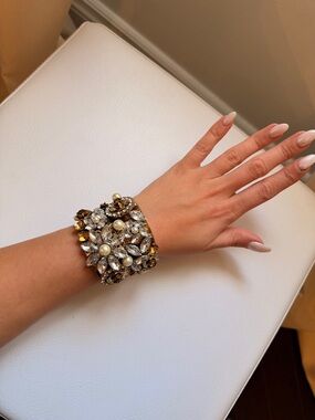 Embellished Pearl & Crystal Wide Bracelet - Gold Tone